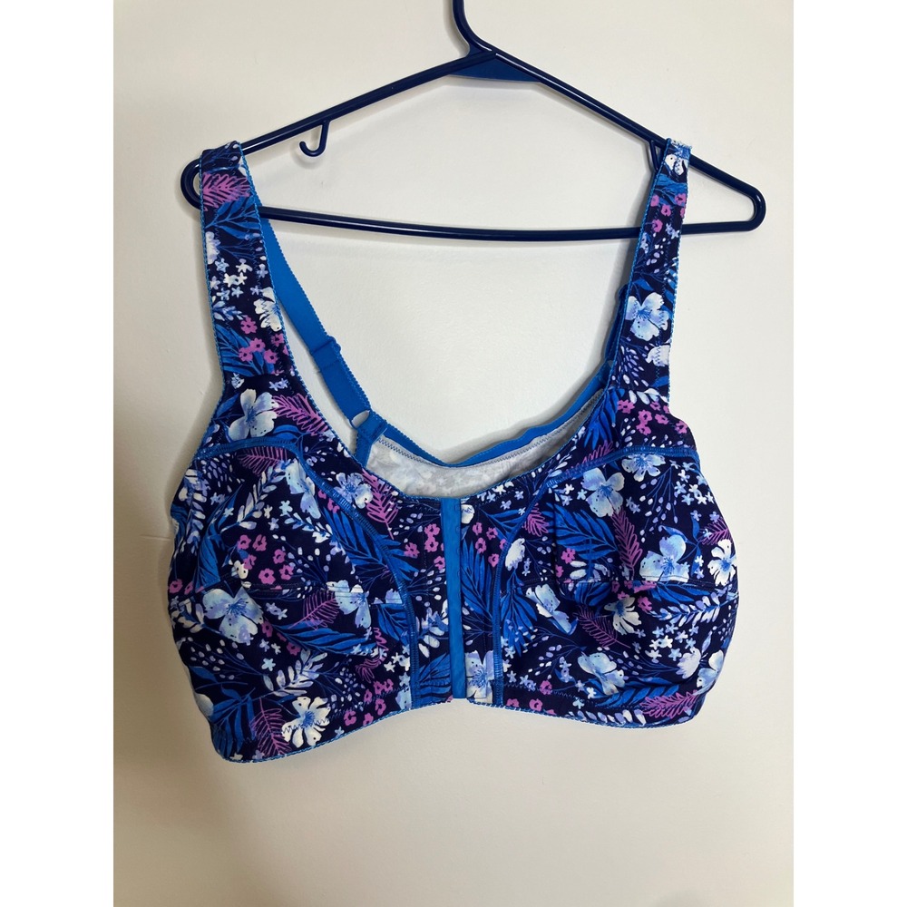 Comfort Choice Bra Women 46B Blue Floral Excellent Front Closure Cotton Wirefree